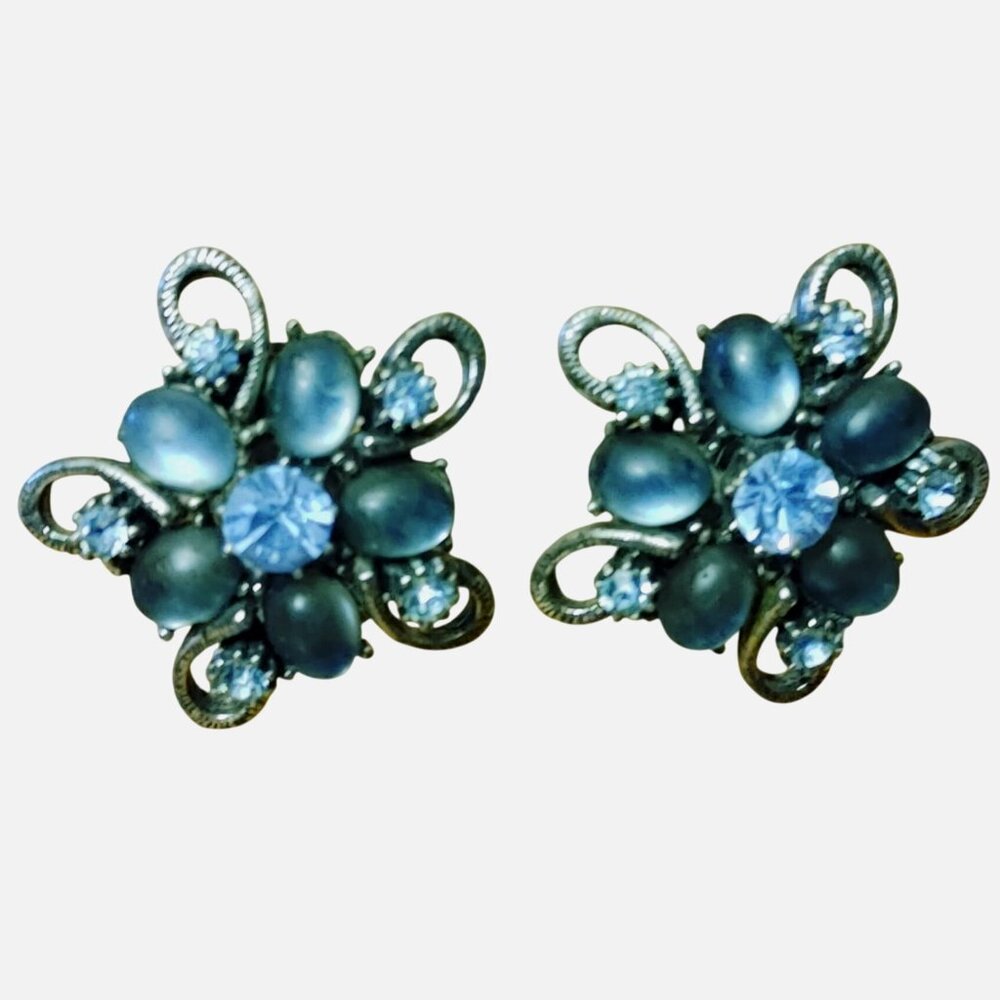 Florenza Blue Rhinestone Faux Pearl Clip On Earrings Vintage Floral Silver Tone